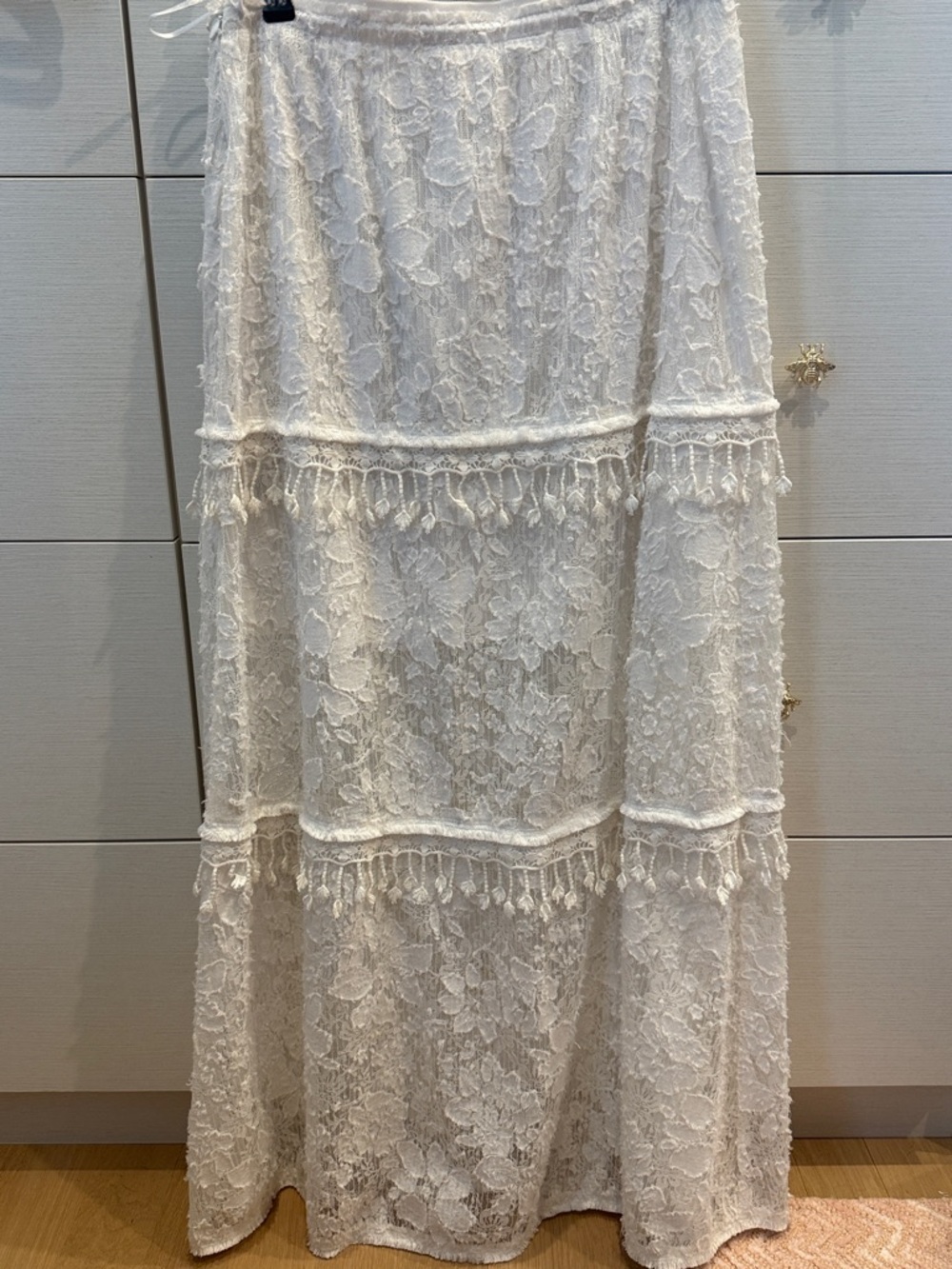 Elie Tahari White Lace Tiered Maxi Skirt with Fringe
